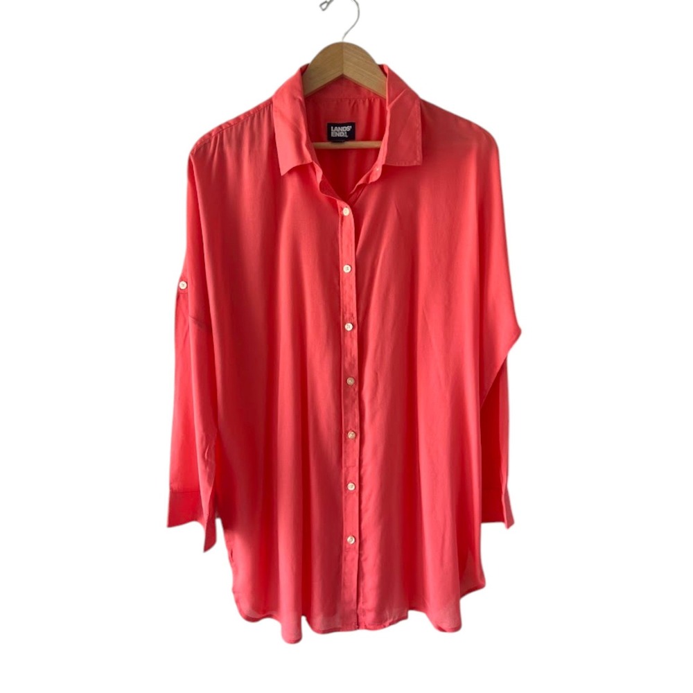 Lands End Modal Tunic Shirt Womens S/M Coral Pink Long Sleeve Oversized Blouse